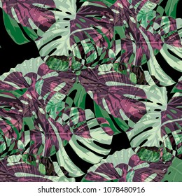 Tropical Pattern. Seamless Texture with Bright Hand Drawn Leaves of Monstera. Trendy Rapport for Print, Cloth, Fabric. Vector Seamless Background with Tropic Plants. Watercolor Effect.