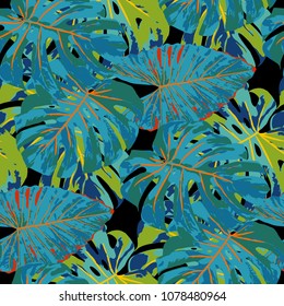 Tropical Pattern. Seamless Texture with Bright Hand Drawn Leaves of Monstera. Bright Rapport for Paper, Cloth, Fabric. Vector Seamless Background with Tropic Plants. Watercolor Effect.