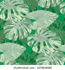 Tropical Pattern. Seamless Texture with Bright Hand Drawn Leaves of Exotic Tree. Trendy Rapport for Paper, Textile, Wallpaper. Vector Seamless Background with Tropic Plants. Watercolor Effect.
