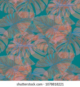 Tropical Pattern. Seamless Texture with Bright Hand Drawn Leaves of Monstera. Bright Rapport for Paper, Cloth, Fabric. Vector Seamless Background with Tropic Plants. Watercolor Effect.