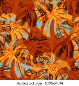 Tropical Pattern. Seamless Texture with Bright Hand Drawn Leaves of Exotic Tree. Bright Rapport for Print, Paper, Swimwear. Vector Seamless Background with Tropic Plants. Watercolor Effect.
