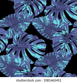 Tropical Pattern. Seamless Texture with Bright Hand Drawn Leaves of Exotic Tree. Bright Rapport for Print, Cloth, Fabric. Vector Seamless Background with Tropic Plants. Watercolor Effect.