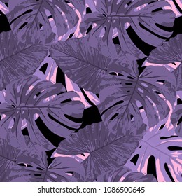Tropical Pattern. Seamless Texture with Bright Hand Drawn Leaves of Monstera. Trendy Rapport for Paper, Cloth, Fabric. Vector Seamless Background with Tropic Plants. Watercolor Effect.