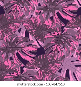 Tropical Pattern. Seamless Texture with Bright Hand Drawn Leaves of Monstera. Trendy Rapport for Calico, Textile, Wallpaper. Vector Seamless Background with Tropic Plants. Watercolor Effect.