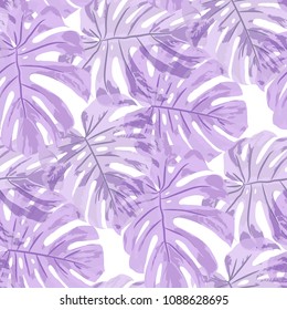 Tropical Pattern. Seamless Texture with Bright Hand Drawn Leaves of Monstera. Trendy Rapport for Paper, Textile, Wallpaper. Vector Seamless Background with Tropic Plants. Watercolor Effect.