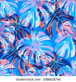 Tropical Pattern. Seamless Texture with Bright Hand Drawn Leaves of Exotic Tree. Bright Rapport for Paper, Cloth, Fabric. Vector Seamless Background with Tropic Plants. Watercolor Effect.