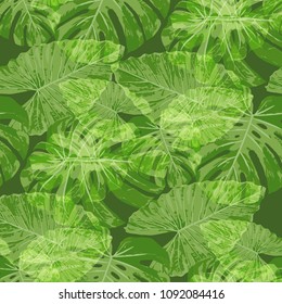 Tropical Pattern. Seamless Texture with Bright Hand Drawn Leaves of Exotic Tree. Spring Rapport for Paper, Cloth, Fabric. Vector Seamless Background with Tropic Plants. Watercolor Effect.