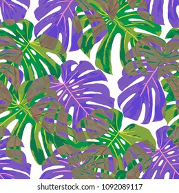 Tropical Pattern. Seamless Texture with Bright Hand Drawn Leaves of Monstera. Trendy Rapport for Paper, Cloth, Wallpaper. Vector Seamless Background with Tropic Plants. Watercolor Effect.