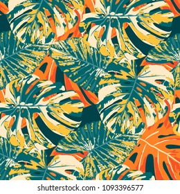 Tropical Pattern. Seamless Texture with Bright Hand Drawn Leaves of Exotic Tree. Spring Rapport for Calico, Textile, Swimwear. Vector Seamless Background with Tropic Plants. Watercolor Effect.