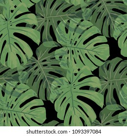 Tropical Pattern. Seamless Texture with Bright Hand Drawn Leaves of Monstera. Spring Rapport for Print, Cloth, Fabric. Vector Seamless Background with Tropic Plants. Watercolor Effect.