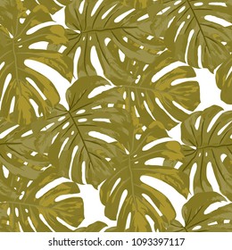 Tropical Pattern. Seamless Texture with Bright Hand Drawn Leaves of Exotic Tree. Summer Rapport for Calico, Textile, Swimwear. Vector Seamless Background with Tropic Plants. Watercolor Effect.