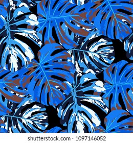 Tropical Pattern. Seamless Texture with Bright Hand Drawn Leaves of Exotic Tree. Bright Rapport for Paper, Textile, Wallpaper. Vector Seamless Background with Tropic Plants. Watercolor Effect.