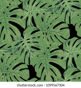 Tropical Pattern. Seamless Texture with Bright Hand Drawn Leaves of Exotic Tree. Spring Rapport for Print, Paper, Swimwear. Vector Seamless Background with Tropic Plants. Watercolor Effect.