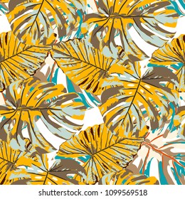 Tropical Pattern. Seamless Texture with Bright Hand Drawn Leaves of Monstera. Bright Rapport for Print, Paper, Swimwear. Vector Seamless Background with Tropic Plants. Watercolor Effect.