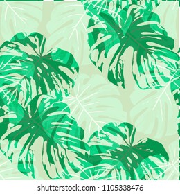 Tropical Pattern. Seamless Texture with Bright Hand Drawn Leaves of Monstera. Summer Rapport for Calico, Textile, Wallpaper. Vector Seamless Background with Tropic Plants. Watercolor Effect.