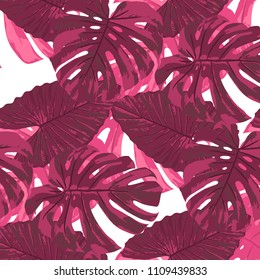 Tropical Pattern. Seamless Texture with Bright Hand Drawn Leaves of Exotic Tree. Bright Rapport for Print, Textile, Swimwear. Vector Seamless Background with Tropic Plants. Watercolor Effect.