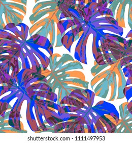 Tropical Pattern. Seamless Texture with Bright Hand Drawn Leaves of Exotic Tree. Spring Rapport for Print, Cloth, Fabric. Vector Seamless Background with Tropic Plants. Watercolor Effect.