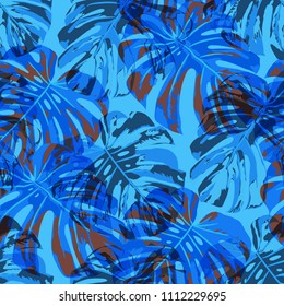 Tropical Pattern. Seamless Texture with Bright Hand Drawn Leaves of Monstera. Trendy Rapport for Print, Textile, Swimwear. Vector Seamless Background with Tropic Plants. Watercolor Effect.