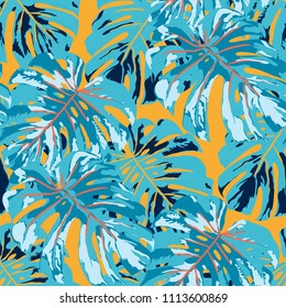 Tropical Pattern. Seamless Texture with Bright Hand Drawn Leaves of Monstera. Summer Rapport for Calico, Textile, Wallpaper. Vector Seamless Background with Tropic Plants. Watercolor Effect.