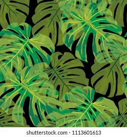 Tropical Pattern. Seamless Texture with Bright Hand Drawn Leaves of Exotic Tree. Spring Rapport for Calico, Textile, Wallpaper. Vector Seamless Background with Tropic Plants. Watercolor Effect.