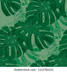 Tropical Pattern. Seamless Texture with Bright Hand Drawn Leaves of Exotic Tree. Spring Rapport for Calico, Textile, Wallpaper. Vector Seamless Background with Tropic Plants. Watercolor Effect.