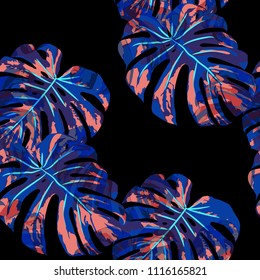 Tropical Pattern. Seamless Texture with Bright Hand Drawn Leaves of Monstera. Summer Rapport for Calico, Textile, Wallpaper. Vector Seamless Background with Tropic Plants. Watercolor Effect.