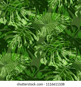 Tropical Pattern. Seamless Texture with Bright Hand Drawn Leaves of Exotic Tree. Summer Rapport for Calico, Textile, Wallpaper. Vector Seamless Background with Tropic Plants. Watercolor Effect.
