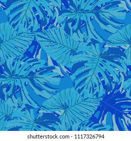 Tropical Pattern. Seamless Texture with Bright Hand Drawn Leaves of Monstera. Spring Rapport for Print, Textile, Fabric. Vector Seamless Background with Tropic Plants. Watercolor Effect.