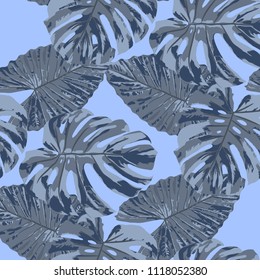Tropical Pattern. Seamless Texture with Bright Hand Drawn Leaves of Monstera. Summer Rapport for Paper, Textile, Wallpaper. Vector Seamless Background with Tropic Plants. Watercolor Effect.
