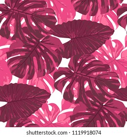 Tropical Pattern. Seamless Texture with Bright Hand Drawn Leaves of Exotic Tree. Spring Rapport for Print, Textile, Swimwear. Vector Seamless Background with Tropic Plants. Watercolor Effect.
