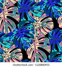 Tropical Pattern. Seamless Texture with Bright Hand Drawn Leaves of Monstera. Bright Rapport for Paper, Cloth, Fabric. Vector Seamless Background with Tropic Plants. Watercolor Effect.