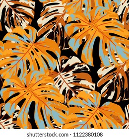 Tropical Pattern. Seamless Texture with Bright Hand Drawn Leaves of Exotic Tree. Spring Rapport for Print, Textile, Swimwear. Vector Seamless Background with Tropic Plants. Watercolor Effect.