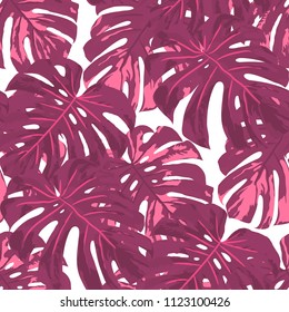 Tropical Pattern. Seamless Texture with Bright Hand Drawn Leaves of Exotic Tree. Bright Rapport for Paper, Cloth, Fabric. Vector Seamless Background with Tropic Plants. Watercolor Effect.