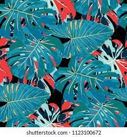 Tropical Pattern. Seamless Texture with Bright Hand Drawn Leaves of Monstera. Bright Rapport for Calico, Textile, Wallpaper. Vector Seamless Background with Tropic Plants. Watercolor Effect.