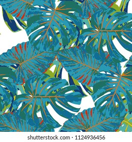 Tropical Pattern. Seamless Texture with Bright Hand Drawn Leaves of Exotic Tree. Trendy Rapport for Calico, Textile, Wallpaper. Vector Seamless Background with Tropic Plants. Watercolor Effect.