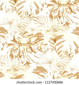 Tropical Pattern. Seamless Texture with Bright Hand Drawn Leaves of Exotic Tree. Spring Rapport for Print, Paper, Swimwear. Vector Seamless Background with Tropic Plants. Watercolor Effect.