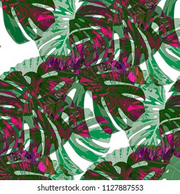 Tropical Pattern. Seamless Texture with Bright Hand Drawn Leaves of Exotic Tree. Trendy Rapport for Print, Paper, Swimwear. Vector Seamless Background with Tropic Plants. Watercolor Effect.