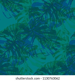 Tropical Pattern. Seamless Texture with Bright Hand Drawn Leaves of Monstera. Summer Rapport for Calico, Textile, Swimwear. Vector Seamless Background with Tropic Plants. Watercolor Effect.