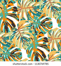 Tropical Pattern. Seamless Texture with Bright Hand Drawn Leaves of Monstera. Spring Rapport for Paper, Cloth, Wallpaper. Vector Seamless Background with Tropic Plants. Watercolor Effect.