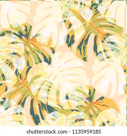 Tropical Pattern. Seamless Texture with Bright Hand Drawn Leaves of Exotic Tree. Spring Rapport for Print, Textile, Swimwear. Vector Seamless Background with Tropic Plants. Watercolor Effect.