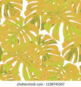 Tropical Pattern. Seamless Texture with Bright Hand Drawn Leaves of Exotic Tree. Spring Rapport for Print, Textile, Fabric. Vector Seamless Background with Tropic Plants. Watercolor Effect.