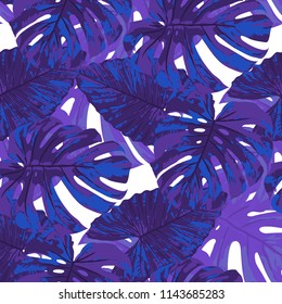 Tropical Pattern. Seamless Texture with Bright Hand Drawn Leaves of Monstera. Bright Rapport for Paper, Textile, Wallpaper. Vector Seamless Background with Tropic Plants. Watercolor Effect.