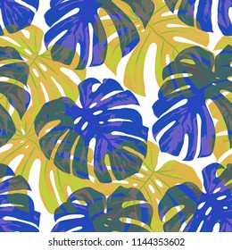 Tropical Pattern. Seamless Texture with Bright Hand Drawn Leaves of Exotic Tree. Spring Rapport for Calico, Textile, Swimwear. Vector Seamless Background with Tropic Plants. Watercolor Effect.