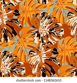 Tropical Pattern. Seamless Texture with Bright Hand Drawn Leaves of Exotic Tree. Bright Rapport for Print, Paper, Swimwear. Vector Seamless Background with Tropic Plants. Watercolor Effect.