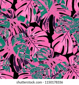 Tropical Pattern. Seamless Texture with Bright Hand Drawn Leaves of Monstera. Trendy Rapport for Paper, Cloth, Fabric. Vector Seamless Background with Tropic Plants. Watercolor Effect.