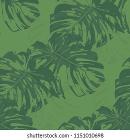 Tropical Pattern. Seamless Texture with Bright Hand Drawn Leaves of Monstera. Trendy Rapport for Print, Paper, Swimwear. Vector Seamless Background with Tropic Plants. Watercolor Effect.