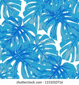 Tropical Pattern. Seamless Texture with Bright Hand Drawn Leaves of Exotic Tree. Trendy Rapport for Paper, Cloth, Fabric. Vector Seamless Background with Tropic Plants. Watercolor Effect.