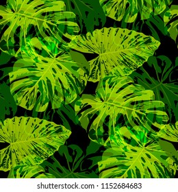 Tropical Pattern. Seamless Texture with Bright Hand Drawn Leaves of Exotic Tree. Summer Rapport for Print, Textile, Fabric. Vector Seamless Background with Tropic Plants. Watercolor Effect.