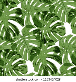 Tropical Pattern. Seamless Texture with Bright Hand Drawn Leaves of Exotic Tree. Bright Rapport for Print, Textile, Fabric. Vector Seamless Background with Tropic Plants. Watercolor Effect.
