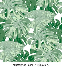 Tropical Pattern. Seamless Texture with Bright Hand Drawn Leaves of Monstera. Summer Rapport for Calico, Textile, Wallpaper. Vector Seamless Background with Tropic Plants. Watercolor Effect.
